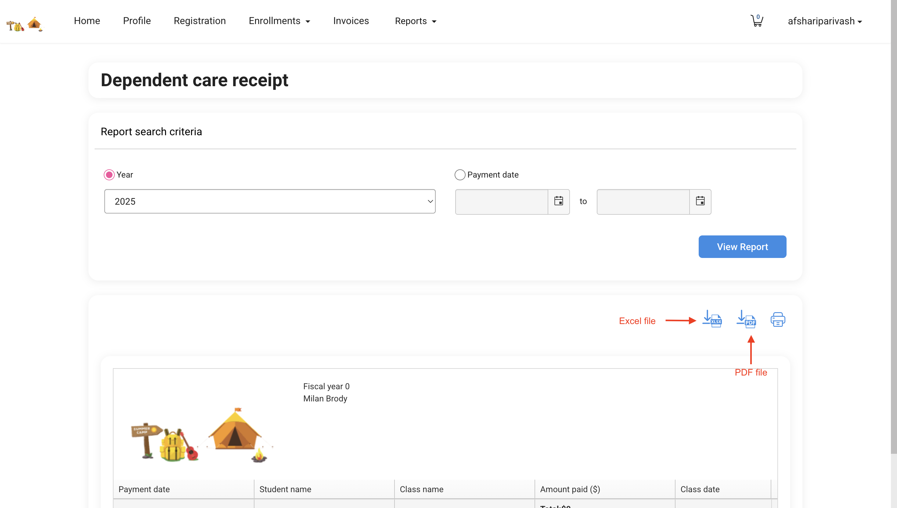 dependent care receipt from the Family Dashboard download
